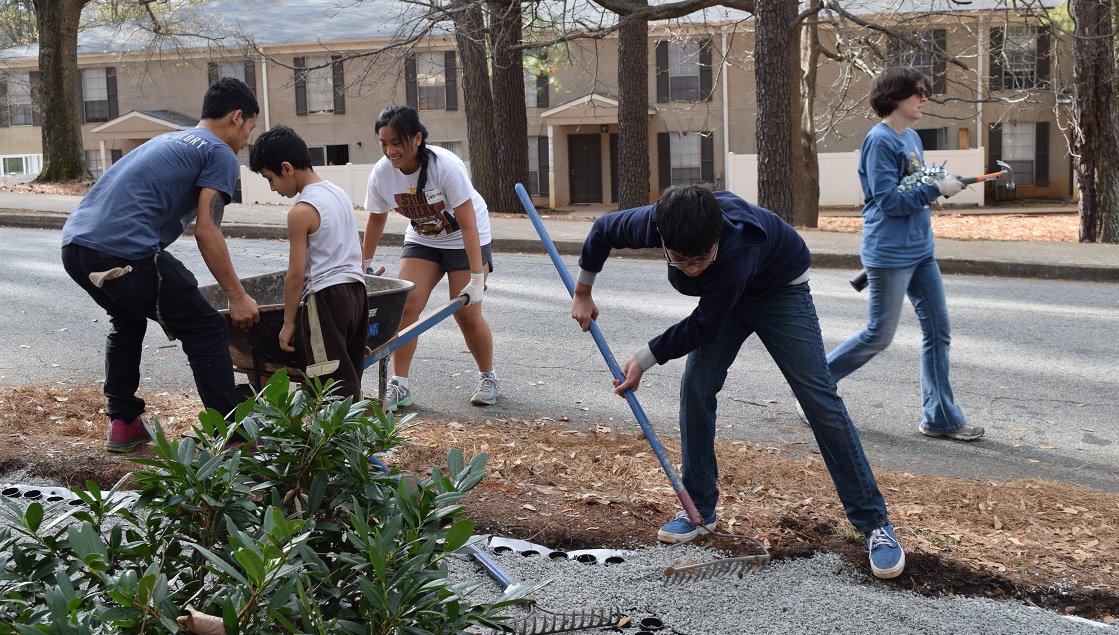 Five people gardening